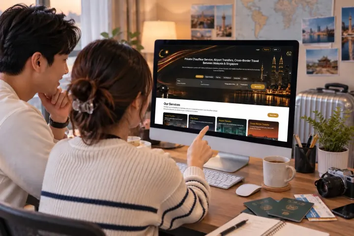 Traveller checking an airport transfer booking confirmation on a web before departure