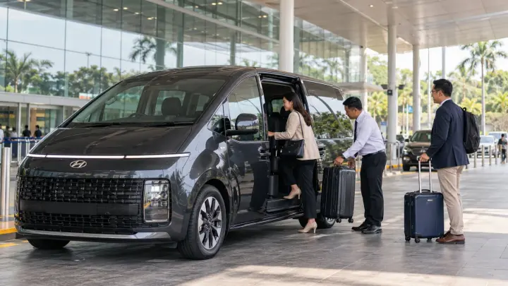 Business travellers with luggage boarding a private transfer at Senai Airport 