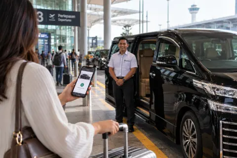 Private transfer customer reviewing a confirmed transport booking on a phone beside an airport vehicle