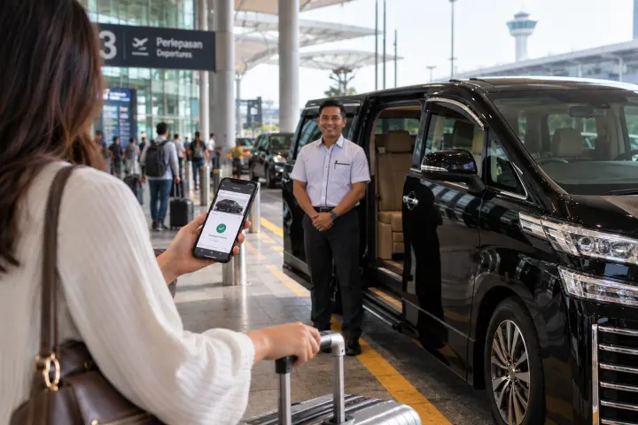 Private transfer customer reviewing a confirmed transport booking on a phone beside an airport vehicle