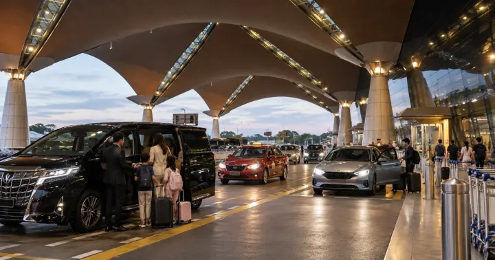 Private airport transfer vehicle outside a modern airport terminal in Malaysia